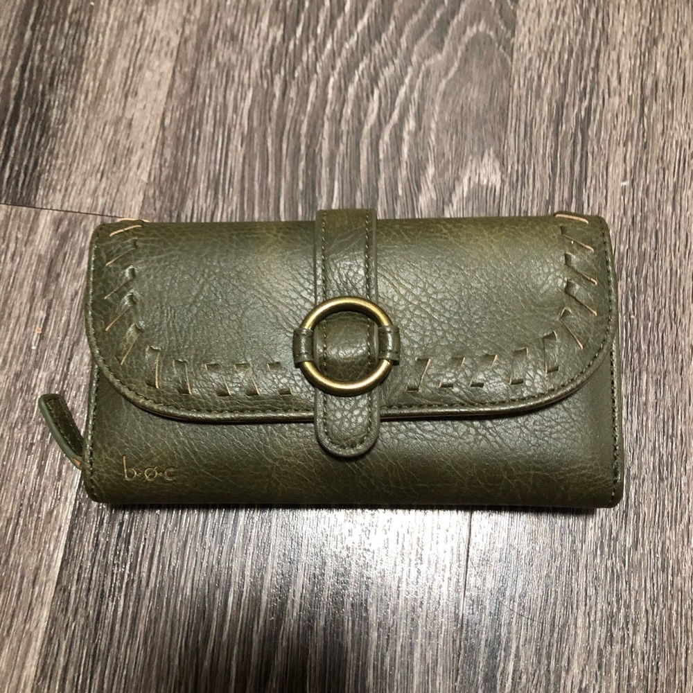 b.o.c. Born Concept OliveGreen Vegan Leather Whipstitch Trifold Organizer Wallet